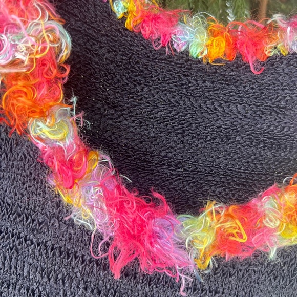 Vtg Black Sleeveless Loose Knit Top with Fuzzy Multicolor Neckline | Small - Picture 5 of 8
